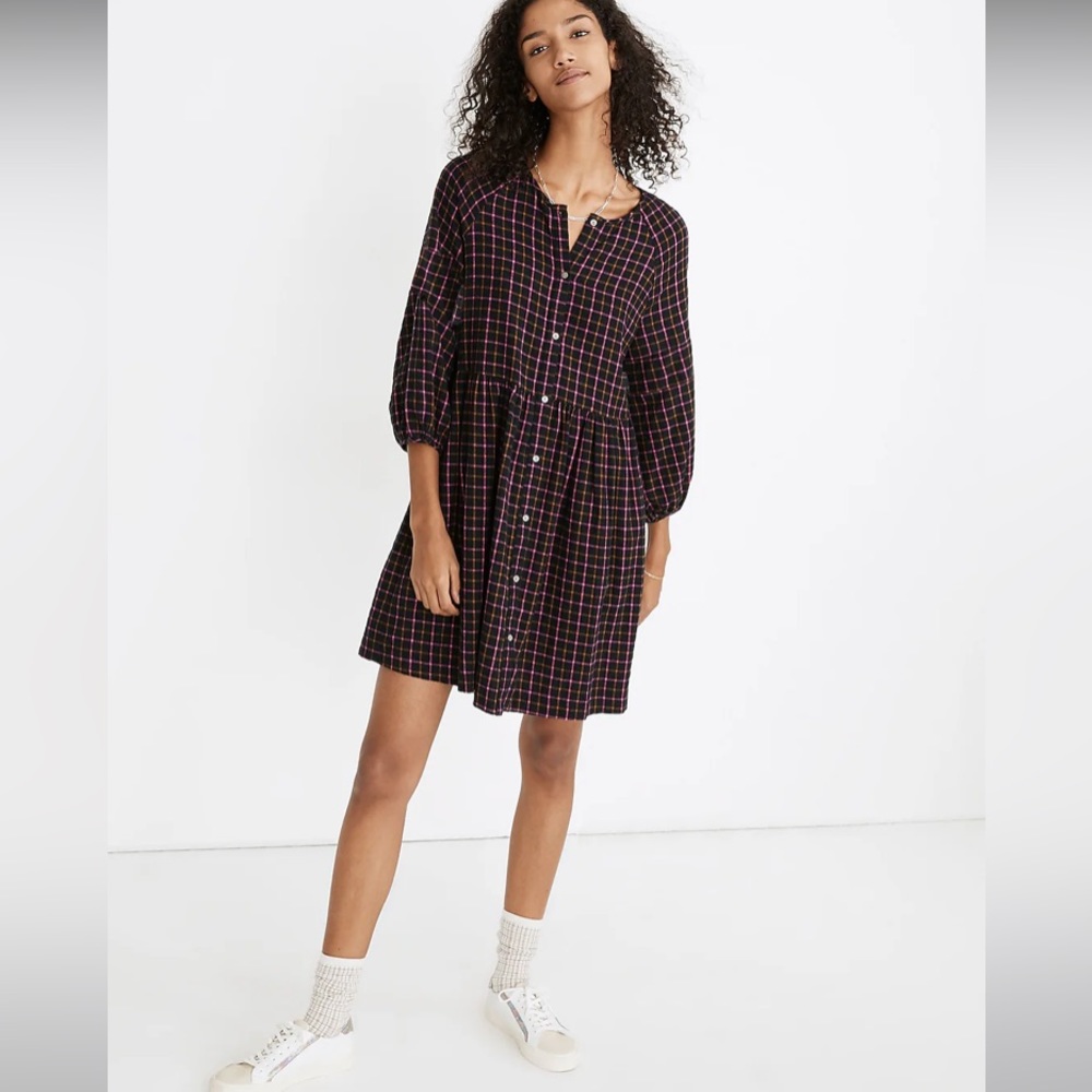 MADEWELL SZ 2 Plaid Flannel Raglan Button-Front Shirtdress